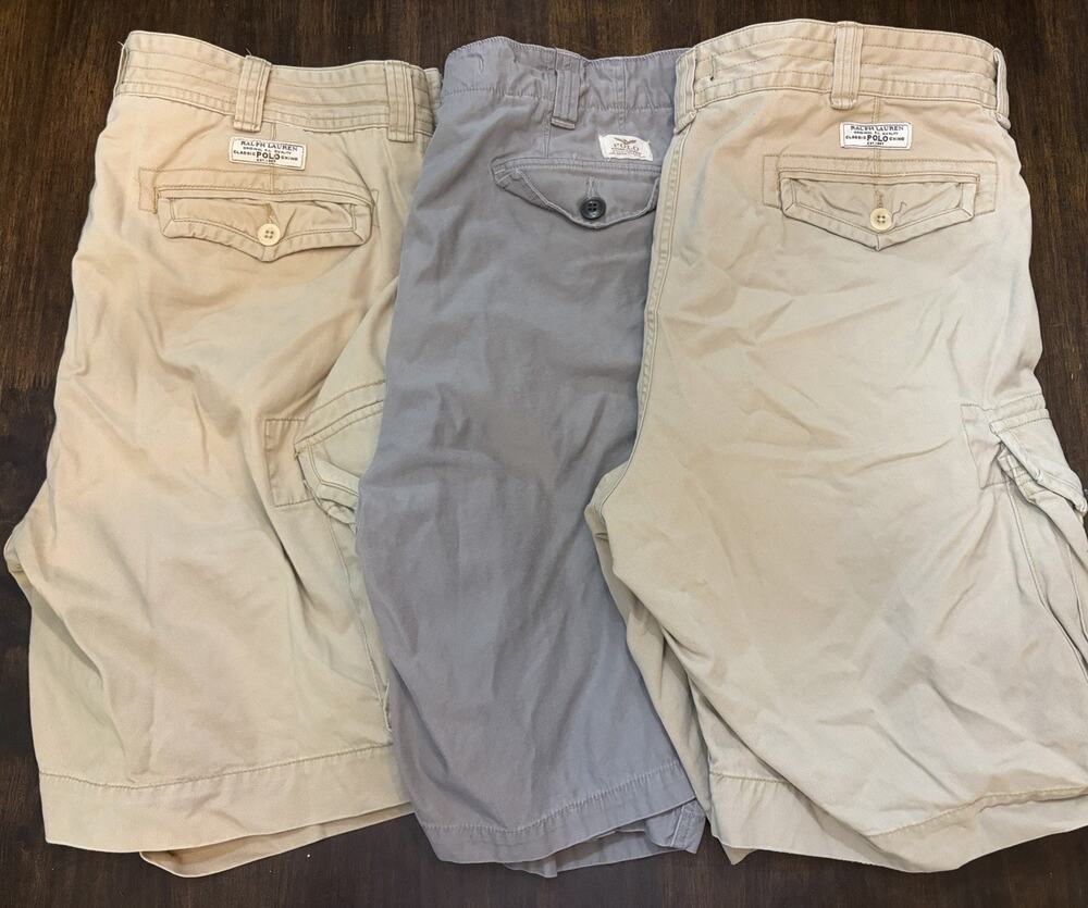 Lot Of 3 Polo Ralph Lauren Cargo Shorts 40 Cotton Relaxed Fit BEIGE / TAN/ Grey